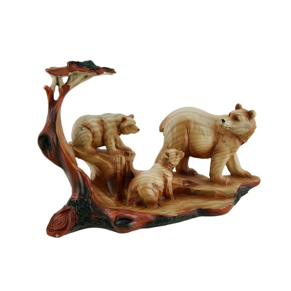 Mother Bear and Cubs Carved Wood Look Resin Statue